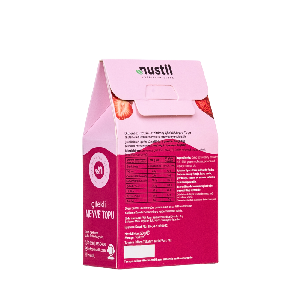 NUSTİL Proteini Azaltılmış Glutensiz Çilekli Meyve Topu 50g