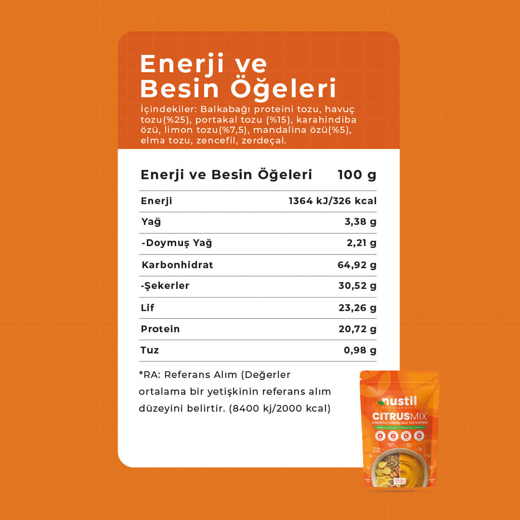 NUSTİL Citrus Mix Turunçgilli Toz Karışım  Besin Değerleri
