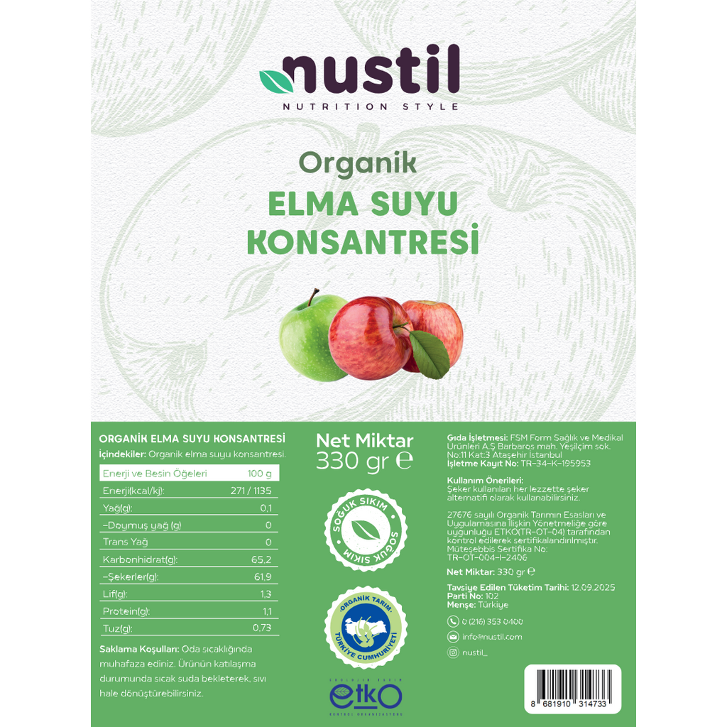 NUSTİL Organik Elma Suyu Konsantresi Besin Değerleri