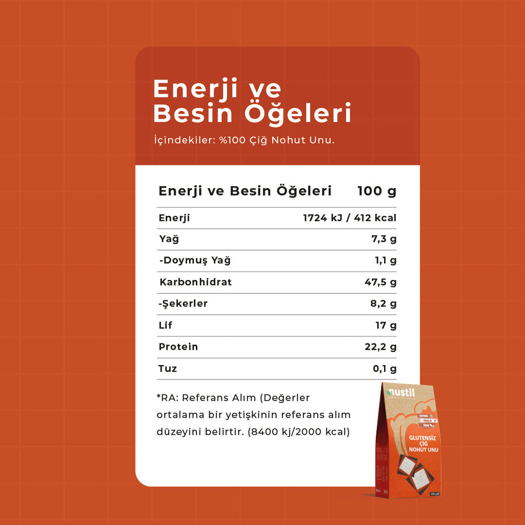NUSTİL Glutensiz Çiğ Nohut Unu Besin Değerleri