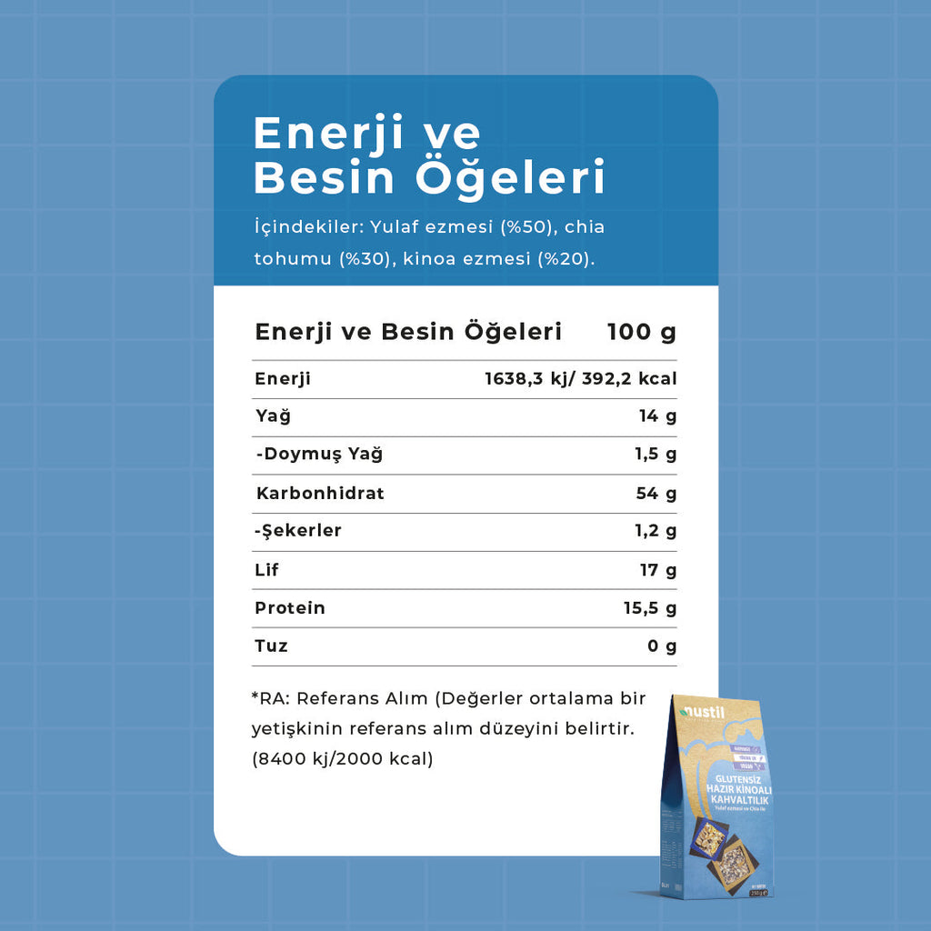 NUSTİL Glutensiz Hazır Kinoalı Kahvaltılık + Yulaf Ezmesi + Chia Besin Değerleri