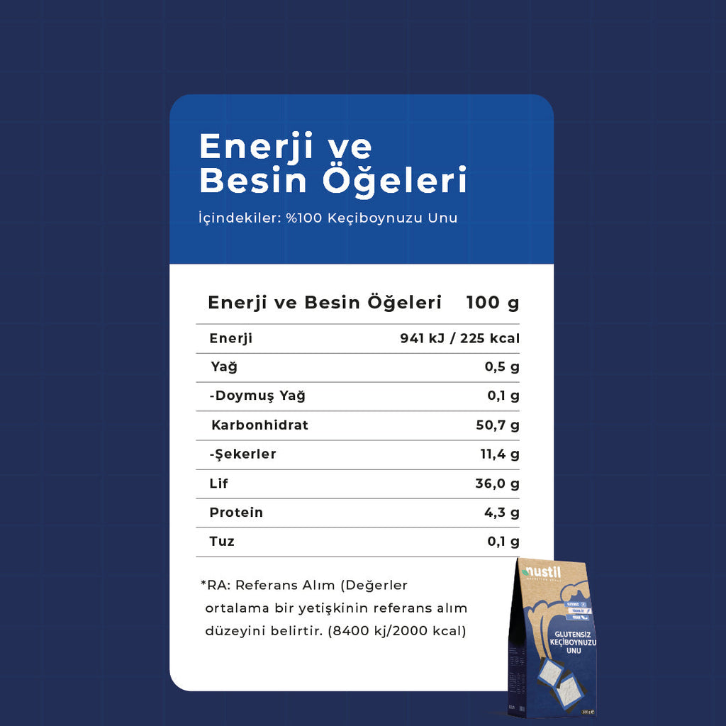 NUSTİL Glutensiz Keçiboynuzu Unu Besin Değerleri