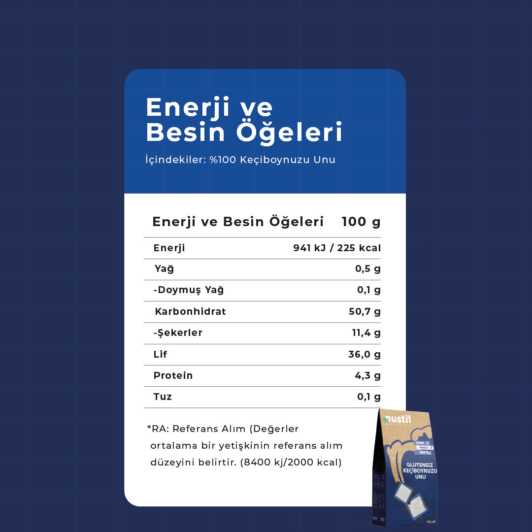 NUSTİL Glutensiz Keçiboynuzu Unu Besin Değerleri