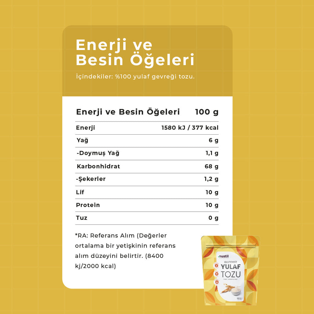 NUSTİL Glutensiz Yulaf Tozu Besin Değerleri