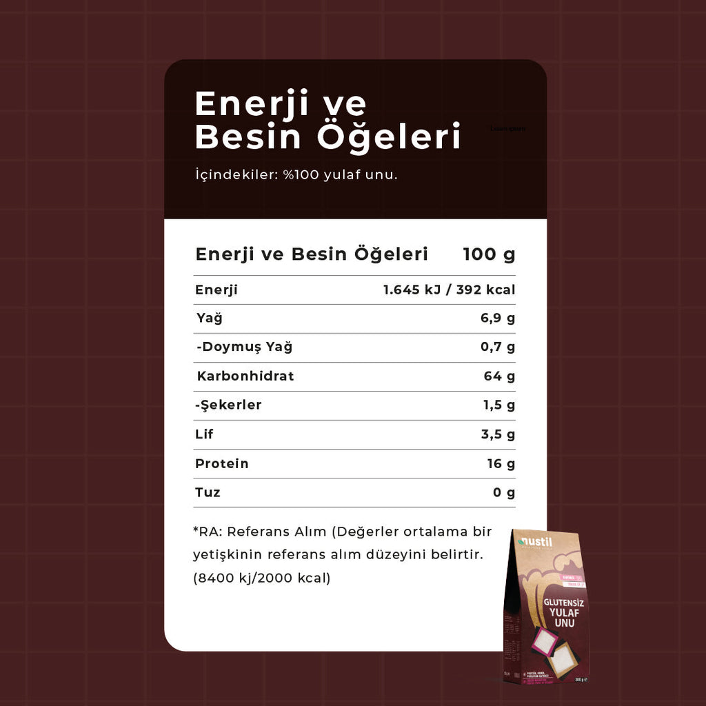 NUSTİL Glutensiz Yulaf Unu Besin Değerleri