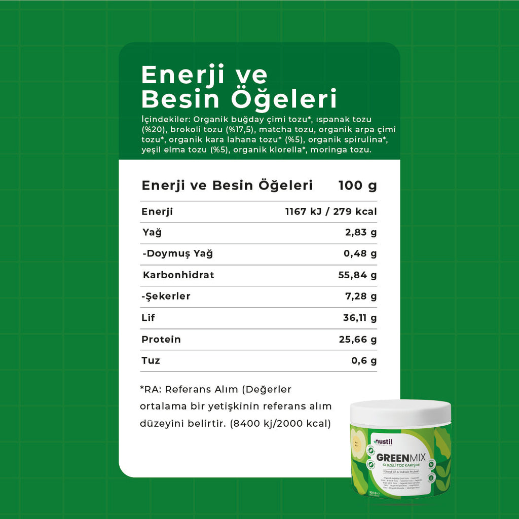 NUSTİL Green Mix Sebzeli Toz Karışım Besin Değerleri