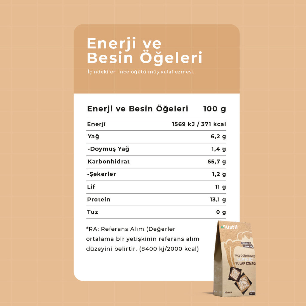 NUSTİL İnce Öğütülmüş Glutensiz Yulaf Ezmesi Besin Değerleri
