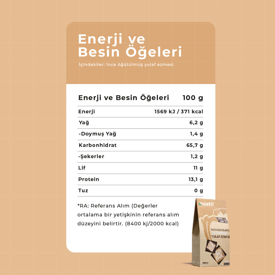 NUSTİL İnce Öğütülmüş Glutensiz Yulaf Ezmesi Besin Değerleri