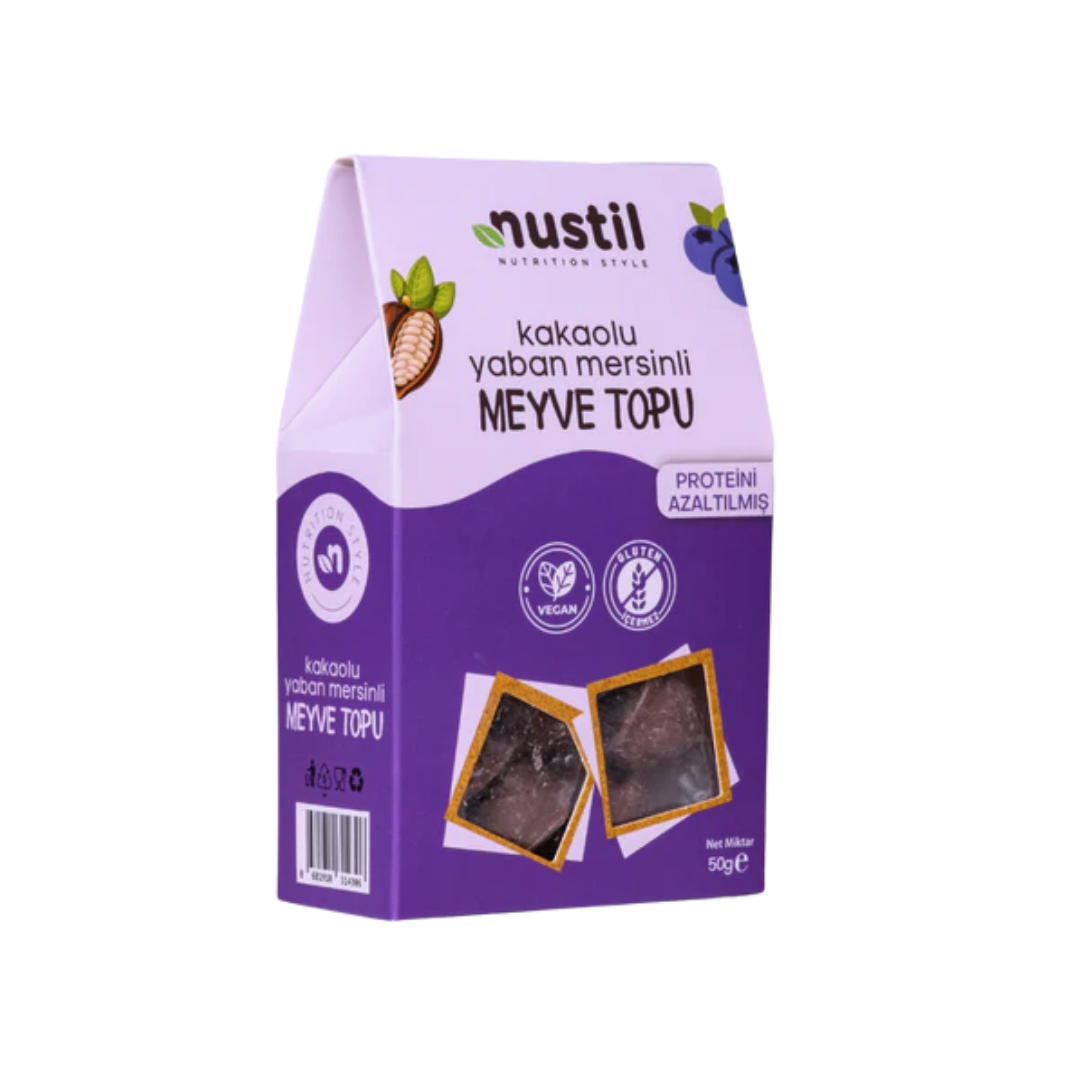 NUSTİL Proteini Azaltılmış Glutensiz Kakaolu Yaban Mersinli Meyve Topu 