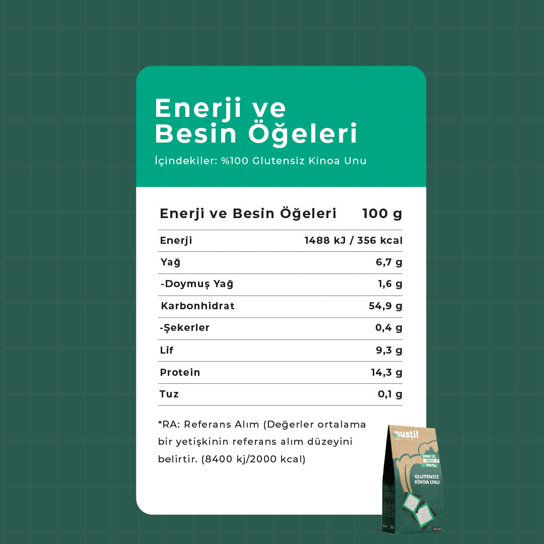 NUSTİL Glutensiz Kinoa Unu Besin Değerleri