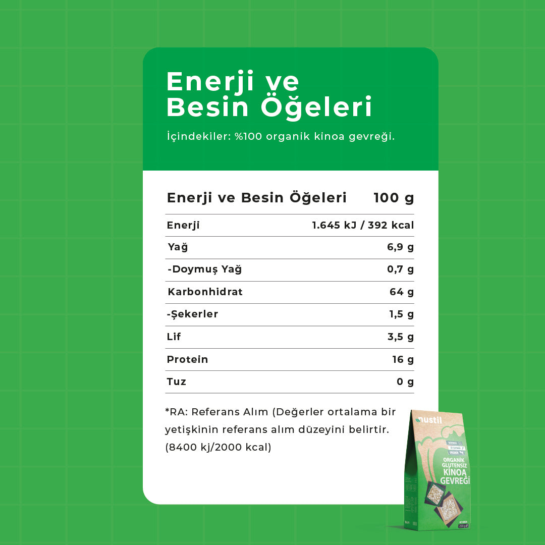 NUSTİL Organik Kinoa Gevreği Besin Değerleri