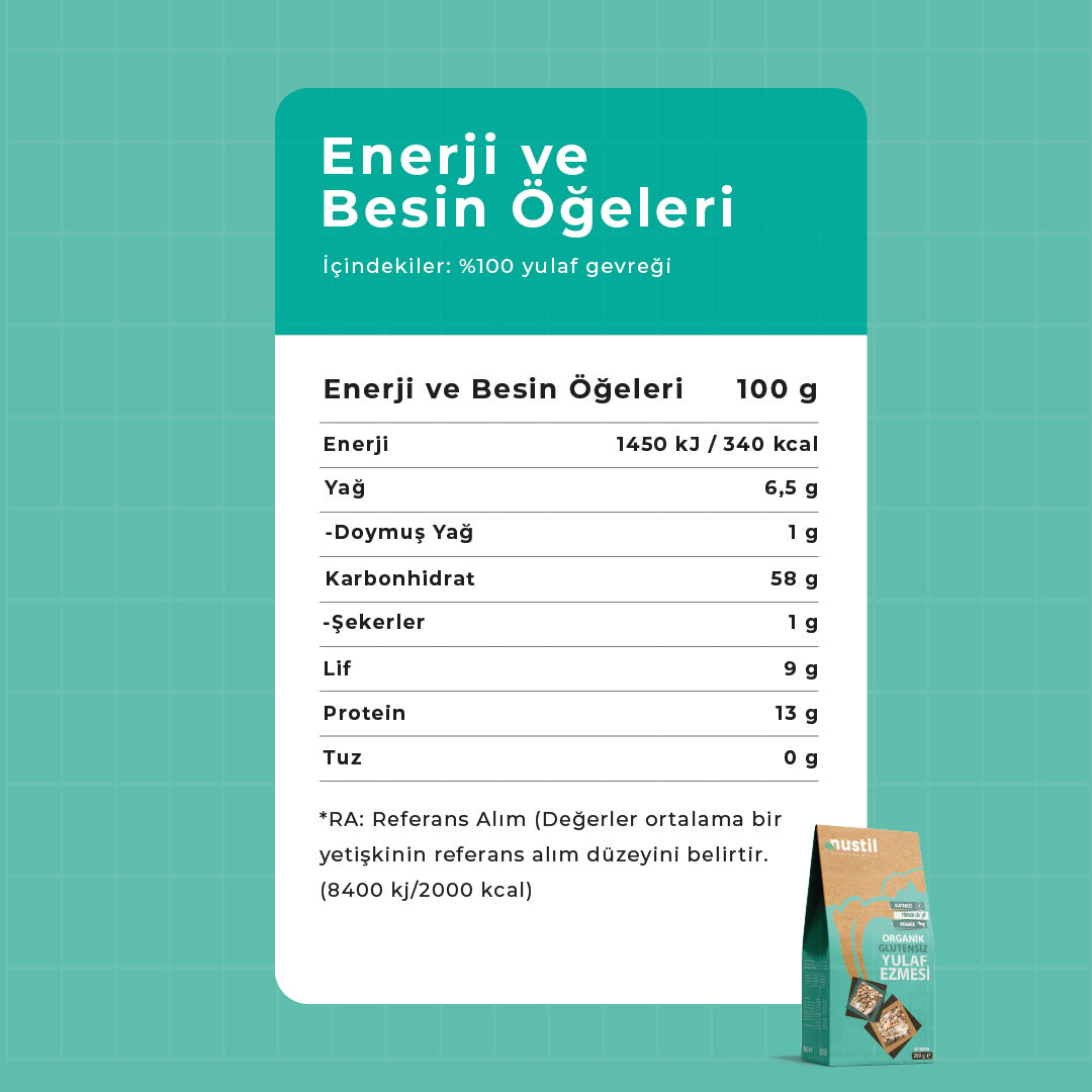 NUSTİL Organik Glutensiz Yulaf Ezmesi Besin Değerleri