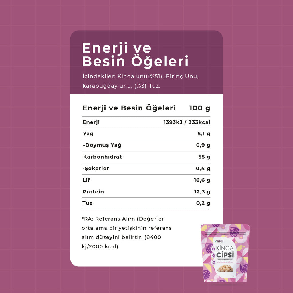 NUSTİL Sarımsaklı & Soğanlı Kinoa Cipsi Besin Değerleri