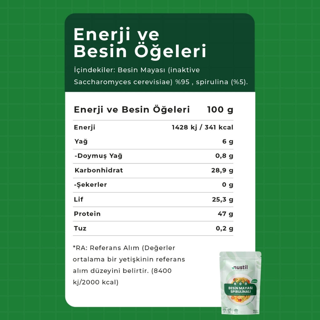 NUSTİL Besin Mayası - Spirulinalı Besin Değerleri