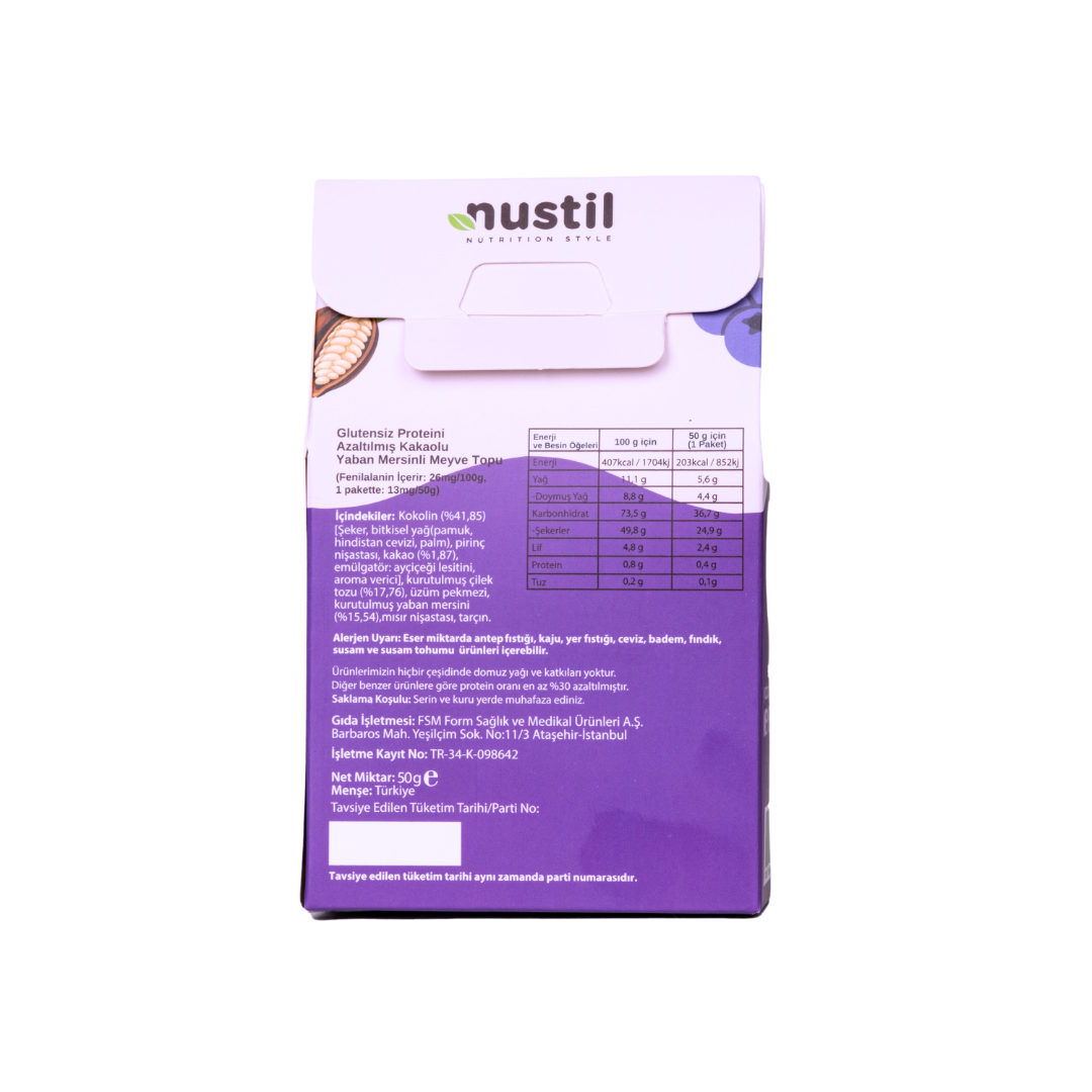 NUSTİL Proteini Azaltılmış Glutensiz Kakaolu Yaban Mersinli Meyve Topu 50g